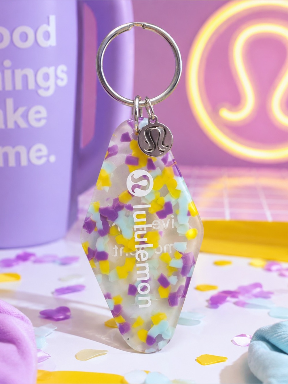 lululemon Diamond-Shaped Hotel Keychain Sonic Yellow Purple Blossom Confetti